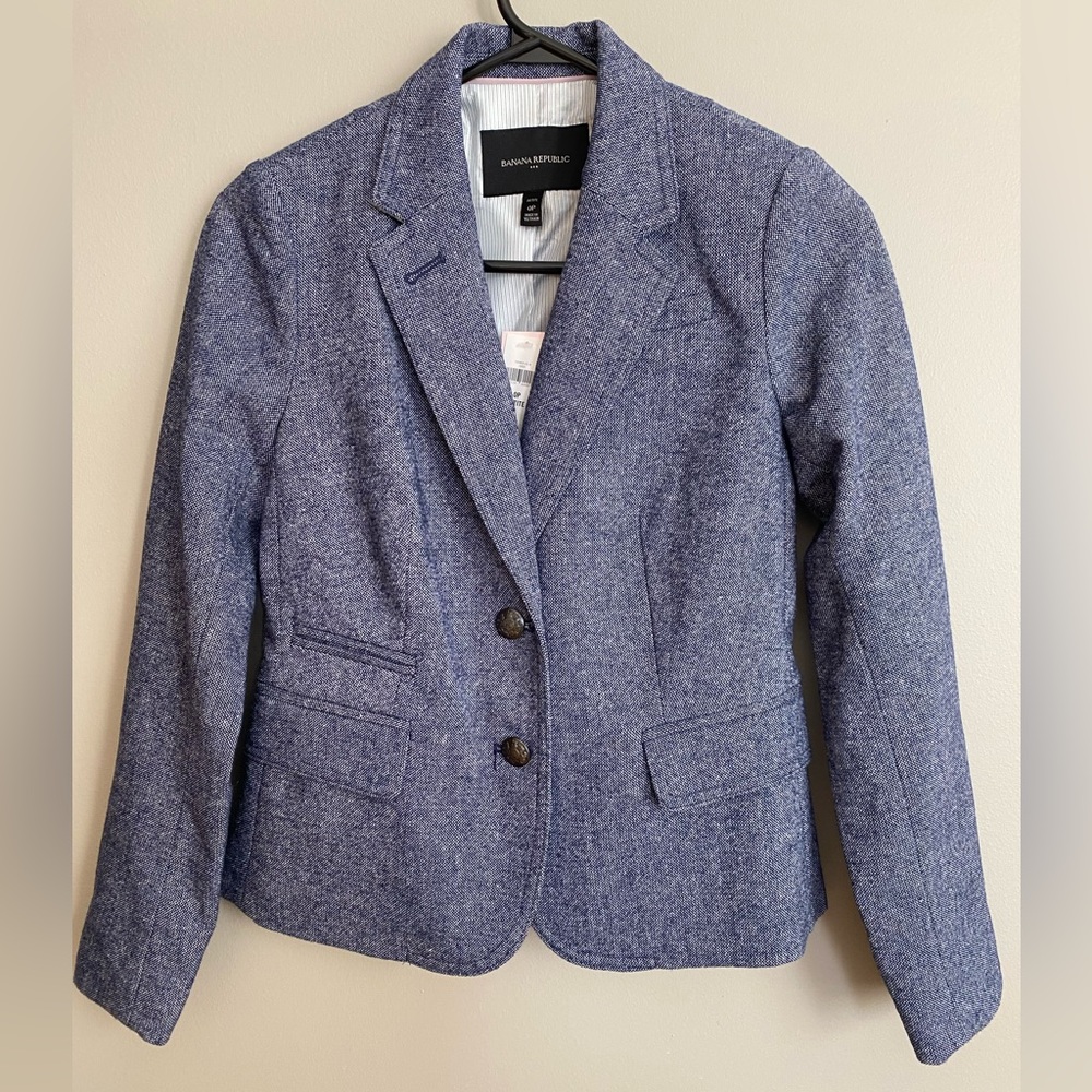 NWT Banana Republic Academy Tweed Blazer Wool Blend Blue Size 0 Petite - Picture 1 of 14